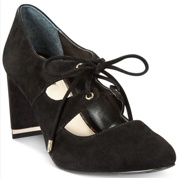 Alfani Prima Binddi Lace Up Pumps Block Heel Black Suede SZ 6.5 Whimsigoth Vamp - Picture 1 of 10